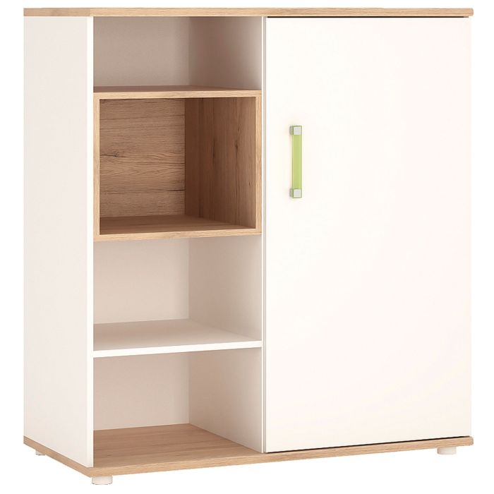 4Kids Low Cabinet with shelves (Sliding Door) - Light Oak and white High Gloss (lemon handles)