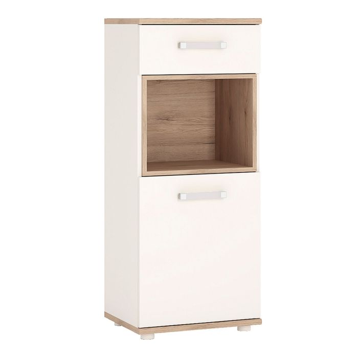 4Kids 1 Door 1 Drawer Narrow Cabinet - Light Oak and white High Gloss (opalino handles)