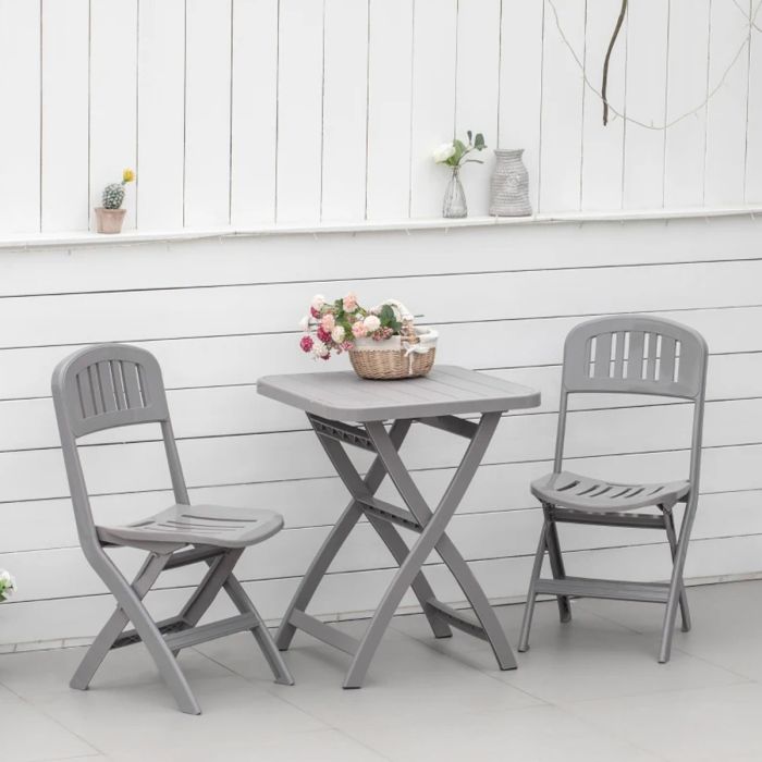 3 Pcs Foldable Design Garden Bistro Set with Two Chairs, Square Table - Grey