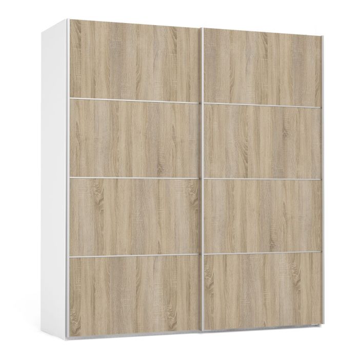 Verona Sliding Wardrobe 180cm in White with Oak Doors with 5 Shelves - White and Oak