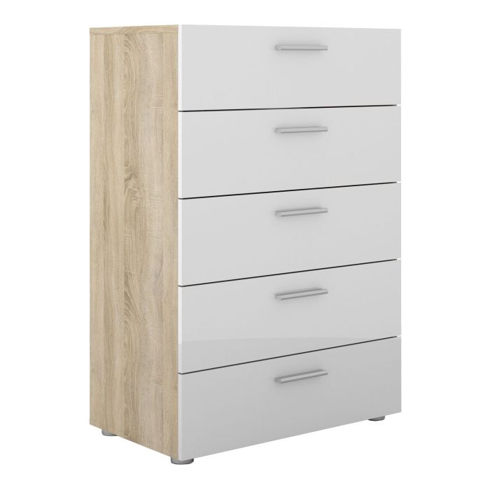 Pepe Chest of 5 Drawers in Oak with White High Gloss - Oak with White High Gloss