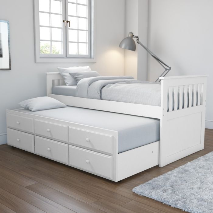White Single Wooden Guest Bed with Storage Drawers and Trundle