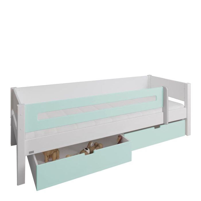 Manis-h White Day Bed with Safety Rail and 2 drawers in Azur Mint - Snow White/Azur Mint