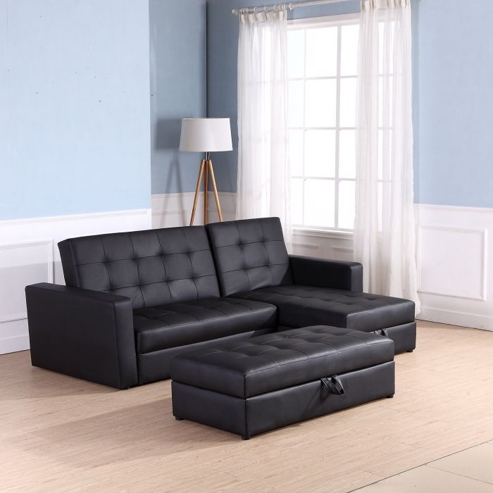 PU Leather Corner Storage Sofa Bed - Black or Brown
