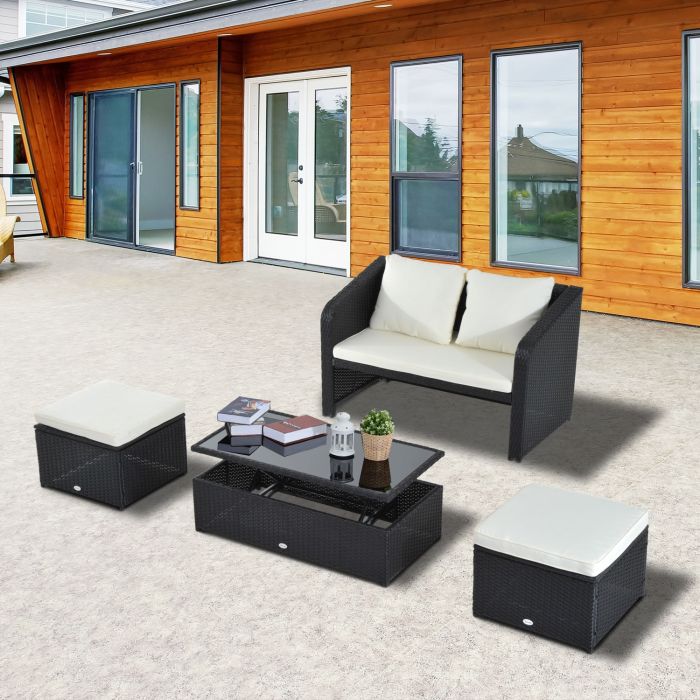 4PC Rattan Table & Sofa Set - Black