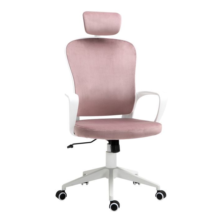 High-Back Office Chair Velvet Style Fabric Computer Home Rocking with Wheels, Rotatable Liftable Headrest, Pink