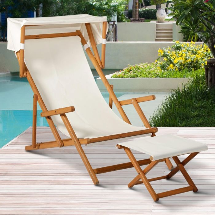 Acacia Wood Folding Outdoor Garden Deck Chair with Canopy & Foot Stool