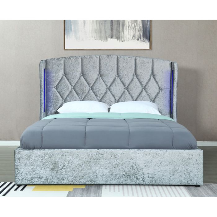 Stockport Ottoman Storage Crush Silver Velvet Bed Frame with LED 5ft