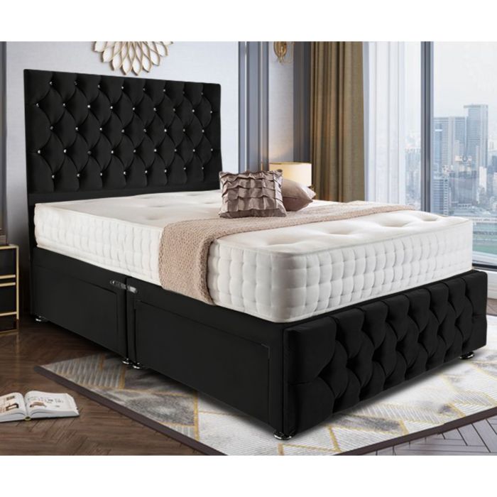 Nevada Divan Plush Velvet Bed - Black in 5 Sizes
