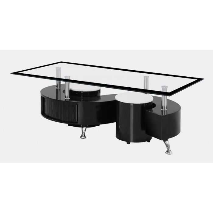 Helston luxurious Black High Gloss Coffee Table with Set of 2 Stools and Glass Table Top