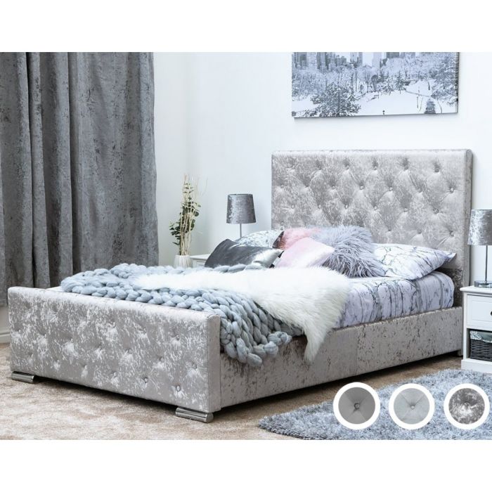 Buckingham Double Bed - Grey Velvet, Grey Chenille or Silver Crushed