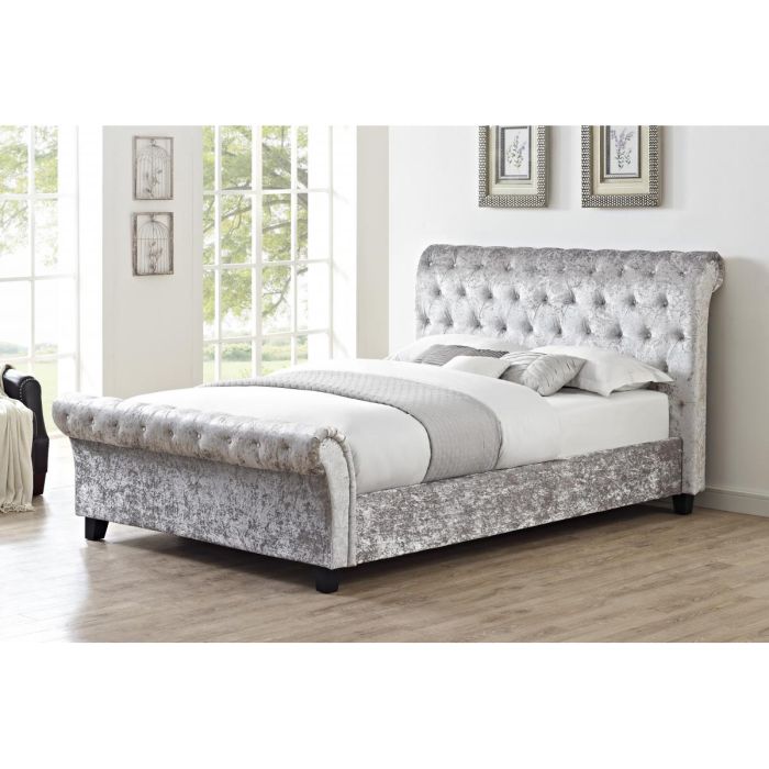Broxtowe Grey Crushed Velvet Double Bed with High Foot End