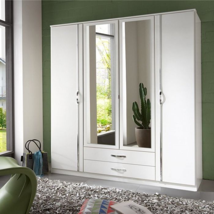 Dewi 4 Door 2 Drawer Mirrored Wardrobe - White