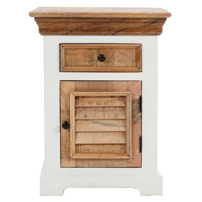 Deacon Solid Mango Wood Bedside Table with Door and Drawer with White and Natural Finish