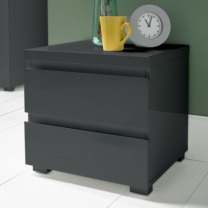 Puro 2 Drawer High Gloss Bedside Table - Charcoal