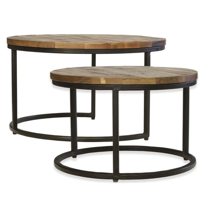 Barnsley Set of 2 Black Industrial Mango Wood Round Coffee Table Brown