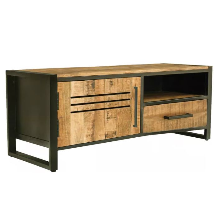 Industrial Style Mango Wood Small Plasma TV Unit 118cm with Door and Drawer - Black and Brown