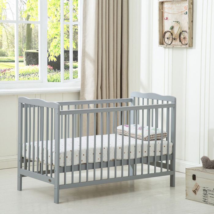 Classic Solid Pine Wood Baby Cot Crib With Water Repellent Mattress - Grey