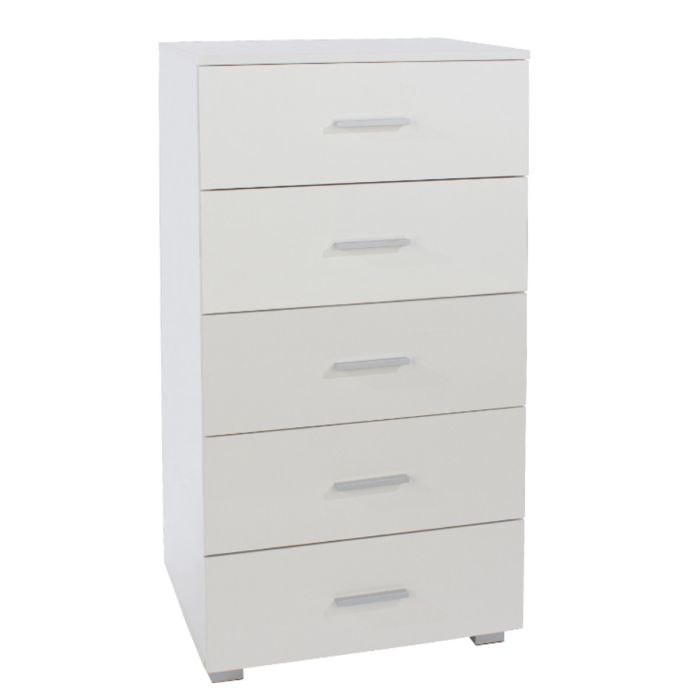 Compact Design High Gloss Narrow Tall 5 Drawer Chest of Drawer White