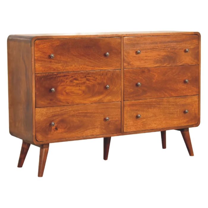 Solid Wood Curved Chest of Drawers with Rich Chestnut Finish and Accent Knobs
