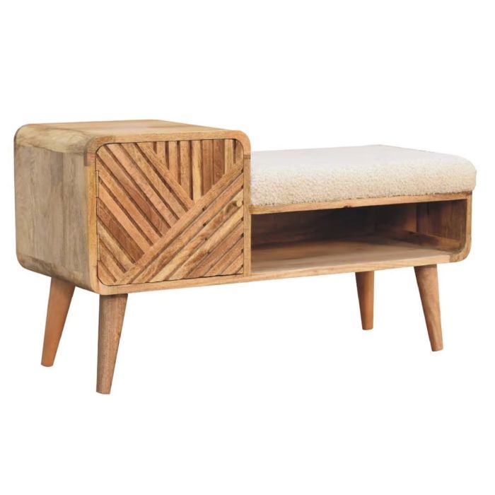Solid Mango Wood Telephone Table with Boucle Fabric and Fine Oak-ish Finish