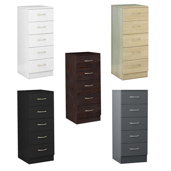 Narrow Tall Chest of 5 Drawers Bedside Storage Cabinet - 5 Colours