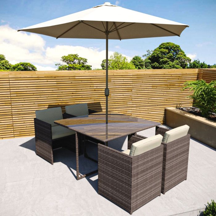 Brown Rattan Cube Garden Dining Set - 4 Seater - Parasol Included - Fortrose