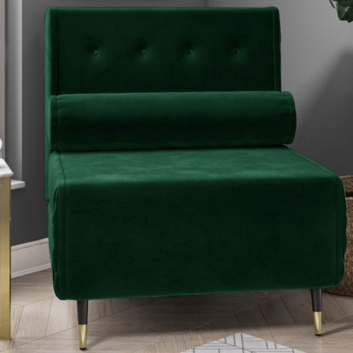 Single Sofa Bed in Dark Green Velvet with Bolster Cushion Eleni