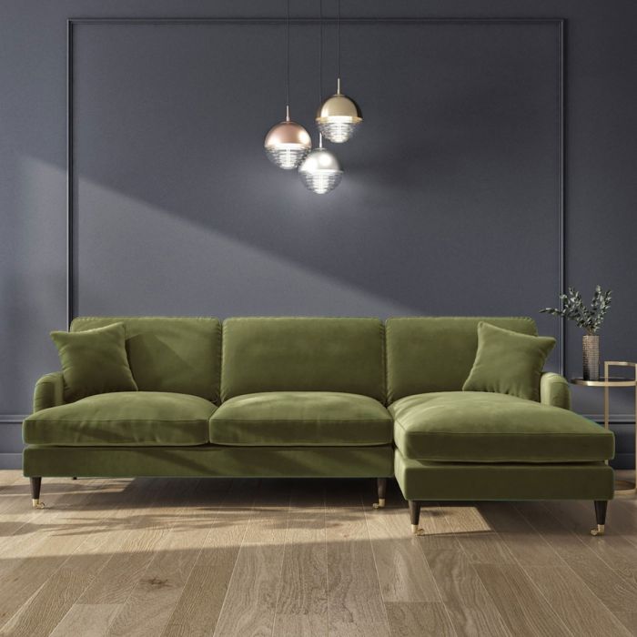 Olive Green Velvet 3 Seater Corner Sofa - Right Hand Facing
