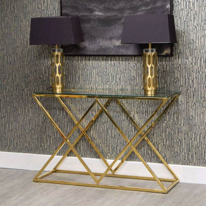 Chrome Zig Zag Frame Glass Top Console Table - Gold
