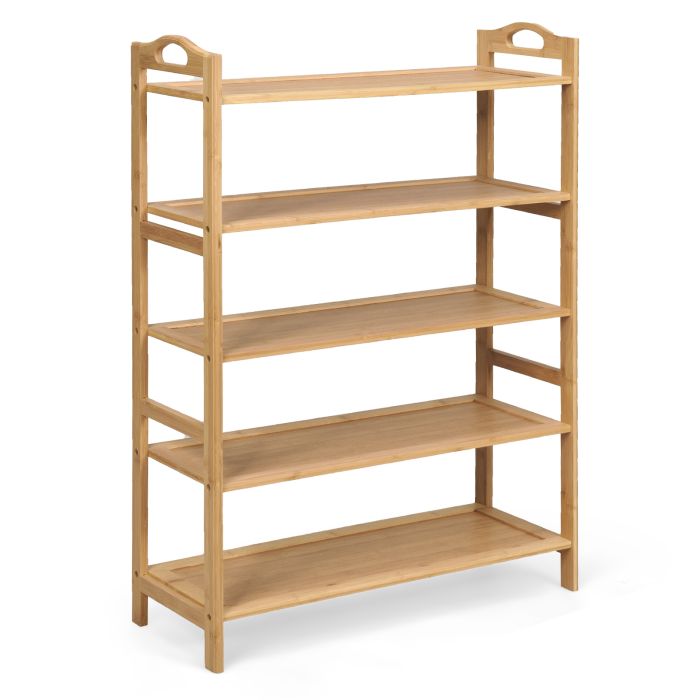 5-Tier Free Standing Bamboo Shoe Rack with Two Rounded Handles-Natural