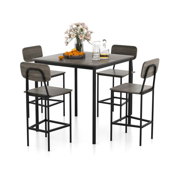 5-Piece Dining Bar Table Set for 4 Counter-Height Dining Table and 4 Bar Chairs-Grey