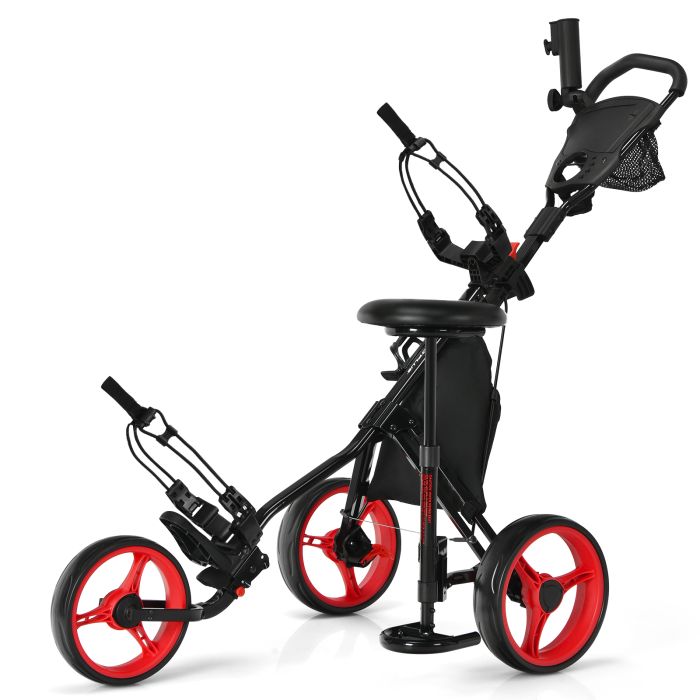 Golf Push Pull Cart with Storage Bag and Foot Brake-Red