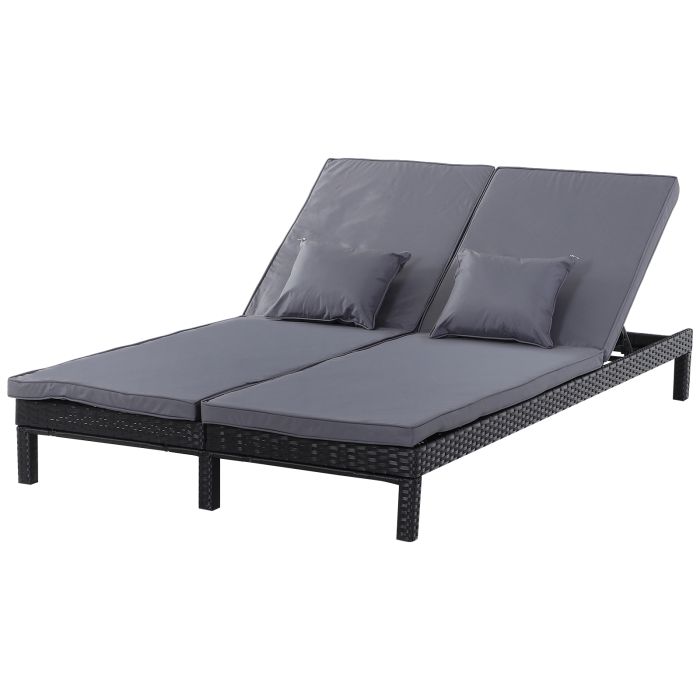 2 Seater Garden Double Rattan Sun Lounger Companion Reclining Recliner Wicker Weave Patio Outdoor Furniture Cushioned - Black
