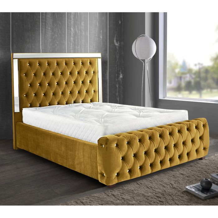 Elegance Plush Velvet Mirrored Bed - Mustard in 5 Sizes