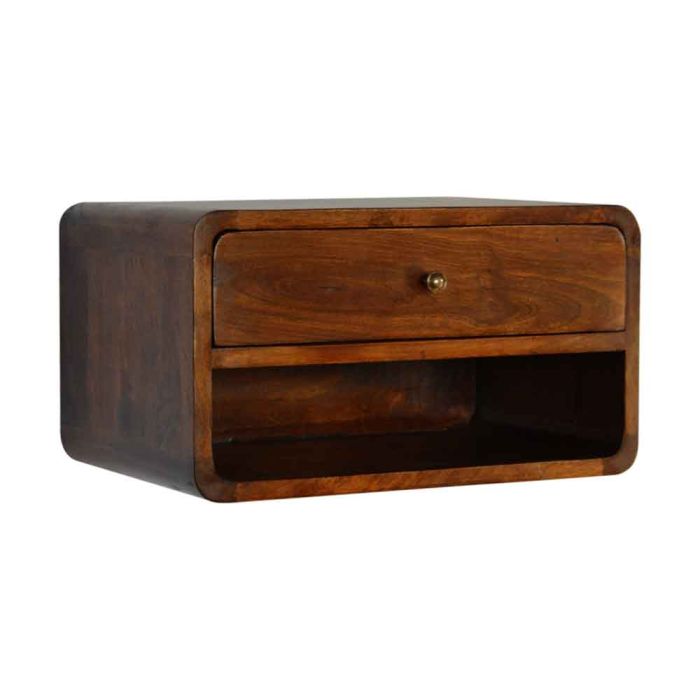 Curved Chestnut Wall Mounted Bedside Table with Open Slot