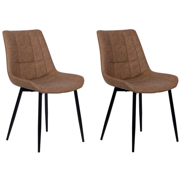 Set of 2 Dining Chairs Golden Brown Faux Leather Black Steel Legs Modern Upholstered Chairs 