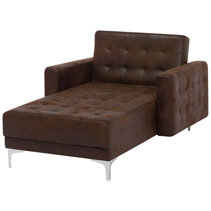 Chaise Lounge Brown Faux Leather Tufted Modern Living Room Reclining Day Bed Silver Legs Track Arms 