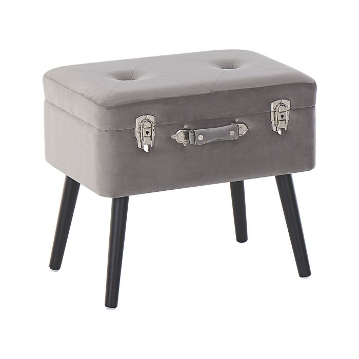 Stool with Storage Grey Velvet Upholstered Black Legs Suitcase Design Buttoned Top  