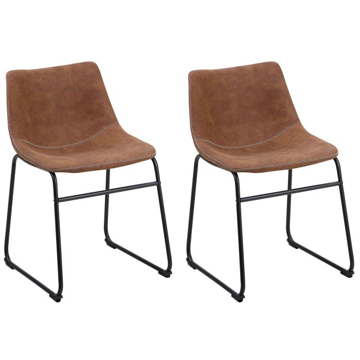 Set of 2 Dining Chairs Brown Fabric Upholstery Black Legs Rustic Retro Style 