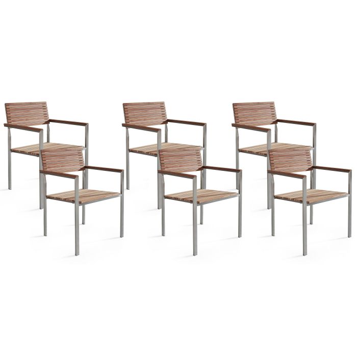 7 Piece Garden Dining Set Light Teak Wood Silver Metal Frame 6 Chairs 