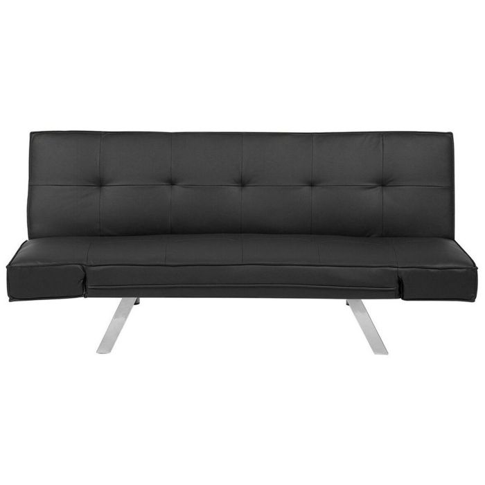 3 Seater Sofa Bed Black Upholstered Faux Leather Polyester Fabric Armless Modern 
