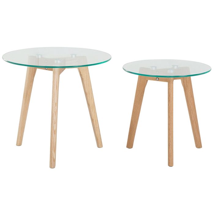 Nest of 2 Tables Transparent Round Glass Top 3 Light Wood Legs Scandinavian Minimalistic 