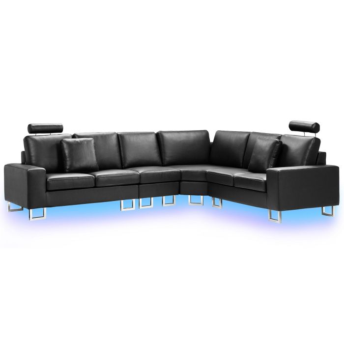 Corner Sofa Black Leather Upholstery Left Hand Orientation with Adjustable Headrests and LED Lights 