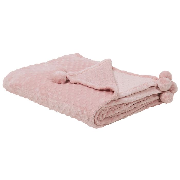 Blanket Pink Throw 200 x 220 with Pom Poms Popcorn Texture Soft Coverlet 
