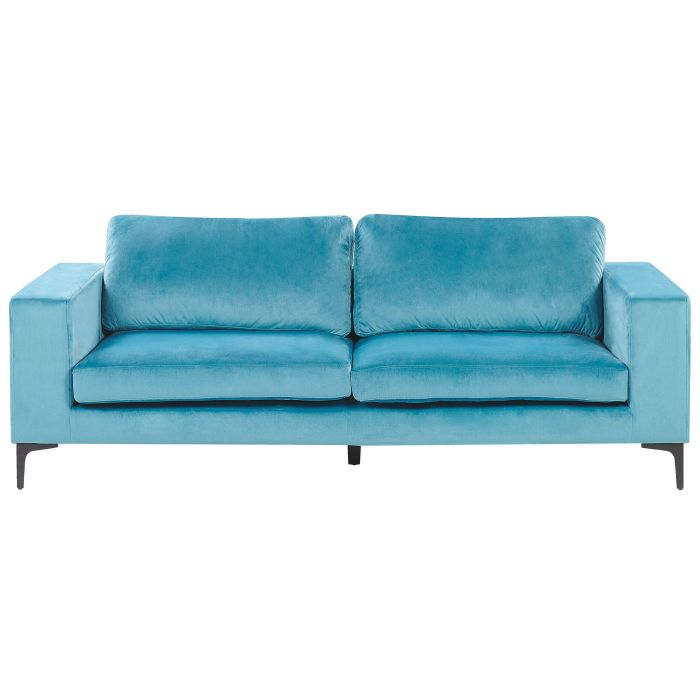 Sofa Light Blue Velvet Fabric Upholstered 3 Seater with Track Arms Black Metal Legs Modern Living Room 