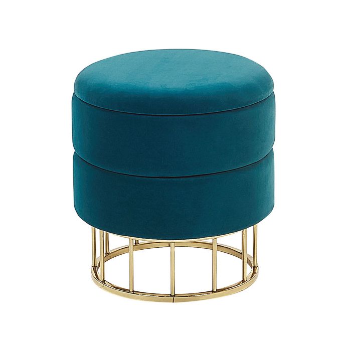 Storage Pouffe Teal Blue Polyester Velvet Upholstery Gold Base Glamorous Design Living Room Accessories 