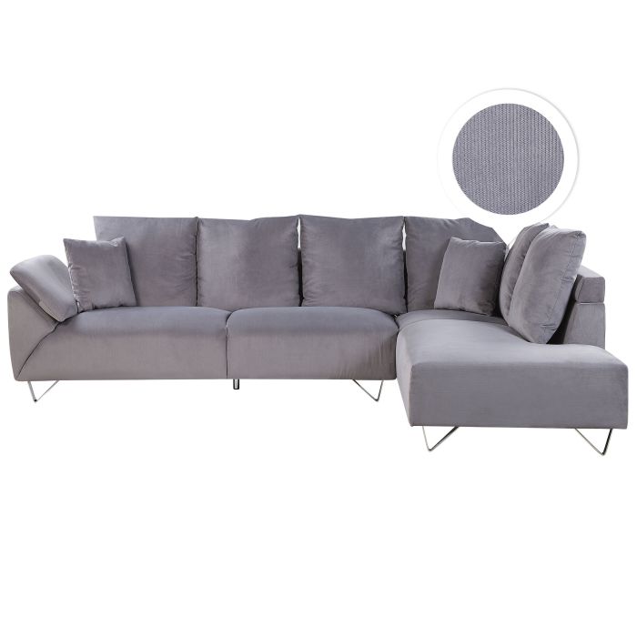 Corner Sofa Grey Corduroy Fabric 266 x 181 cm Cushions Chromed Legs 