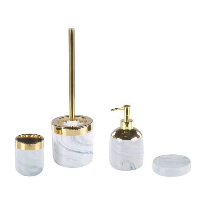 Bathroom Accessories Set White and Gold Ceramic Glam Soap Dispenser Toilet Brush Tumbler 