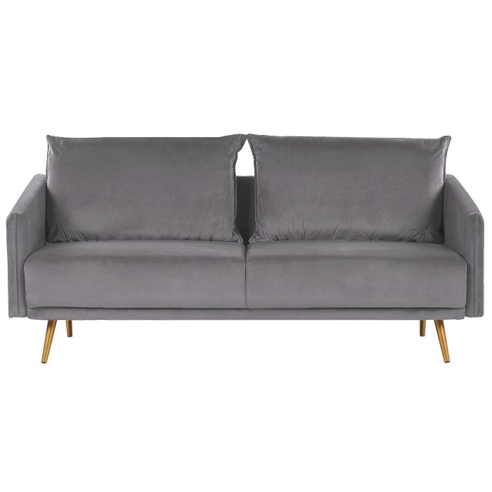 Sofa Grey Velvet 3 Seater Back Cushioned Seat Metal Golden Legs Retro Glam 